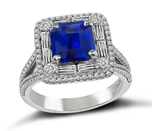 Asscher Cut No Heat Sapphire Baguette and Round Cut Diamond 18k White Gold Engagement Ring by Simon G