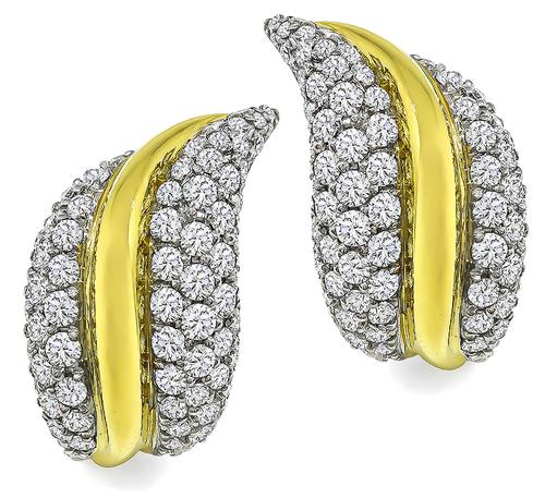 Round Cut 18k Yellow and White Gold Leaf Earrings