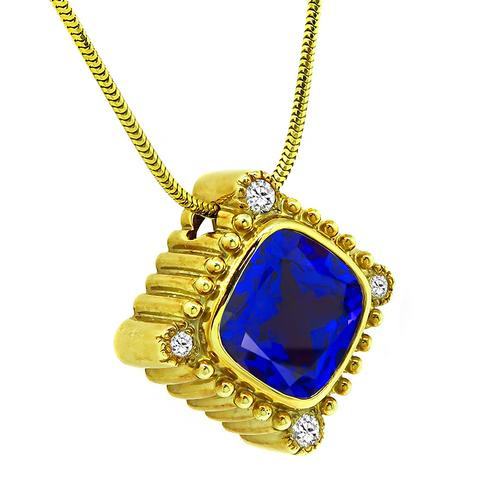 Cushion Cut Tanzanite Round Cut Diamond 18k Yellow Gold Pendant Necklace