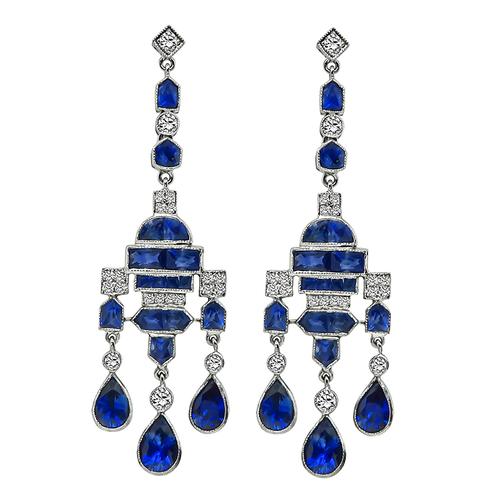 Pear Pentagon Fan and Square Cut Sapphire Round Cut Diamond 18k White Gold Earrings