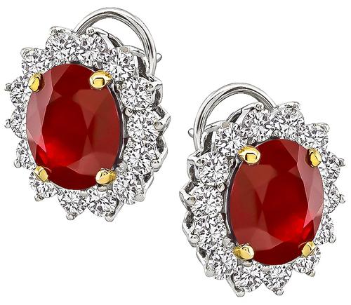 Oval Cut Burmese Ruby Round Cut Diamond 14k White Gold Earrings