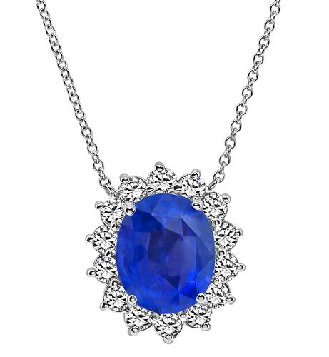 Oval Cut Sapphire Round Cut Diamond 14k White Gold Pendant Necklace