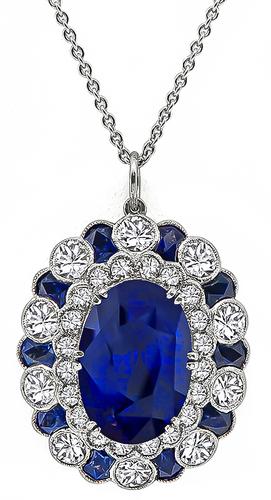 Art Deco Style Oval Cut Sapphire Round Cut Diamond 18k White Gold Pendant Necklace