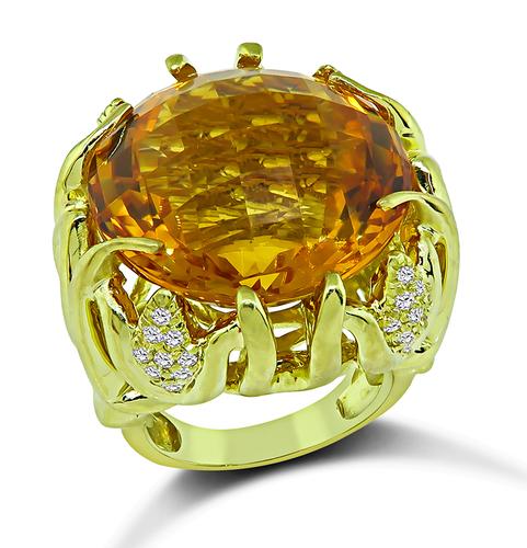 Oval Cut Checkerboard Citrine Round Cut Diamond 18k Yellow Gold Ring