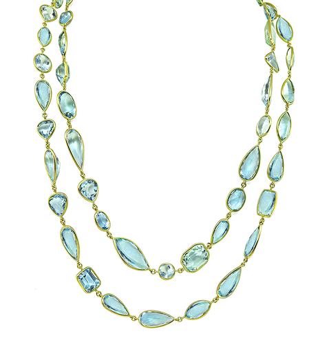 Pear Marquise Shield Cushion Trilliant Baguette and Round Cut Aquamarine 14k Yellow Gold Necklace