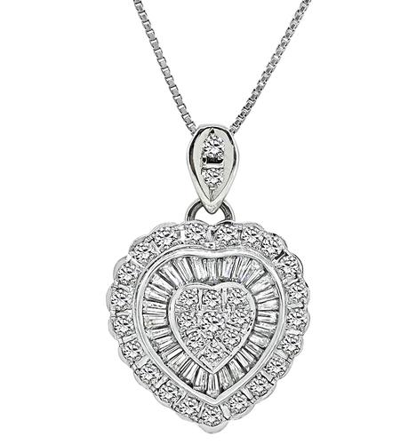 Round and Baguette Cut Diamond Platinum Heart Pendant Necklace