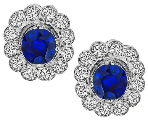 Cushion Cut Sapphire Round Cut Diamond 14k White Gold Earrings