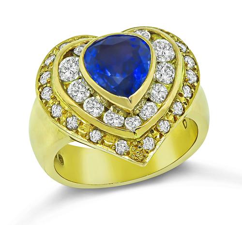 Pear Shape Sapphire Round Cut Diamond 18k Yellow Gold Heart Ring