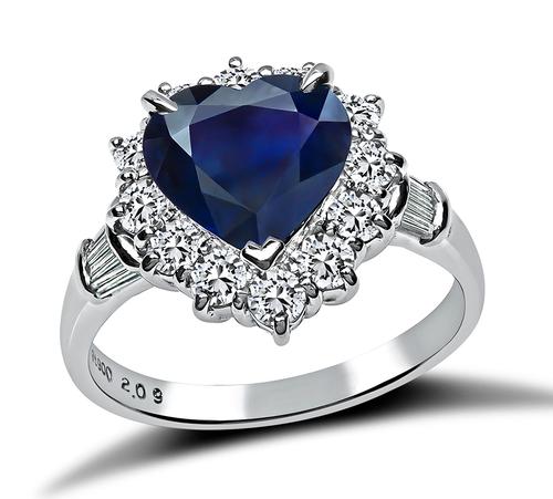 Heart Shape Sapphire Round and Baguette Cut Diamond Platinum Engagement Ring