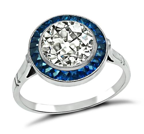 Old Mine Cut Diamond Sapphire Platinum Halo Engagement Ring