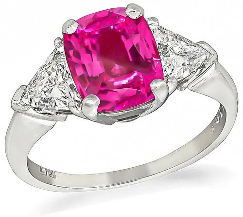 Cushion Cut Pink Sapphire Trilliant Cut Diamond Platinum Engagement Ring