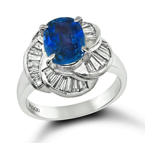 Cushion Cut Sapphire Baguette Cut Diamond Platinum Ring