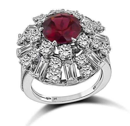 Round Cut Rubellite Round and Baguette Cut Diamond Platinum Ring