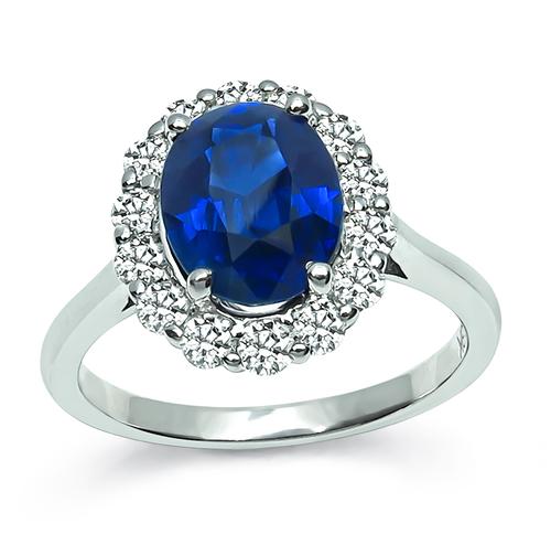 Oval Cut Sapphire Round Cut Diamond 18k White Gold Halo Engagement Ring