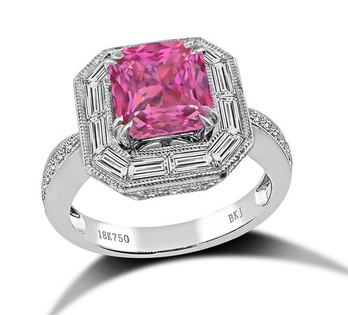 Cushion Cut Pink Sapphire Baguette and Round Cut Diamond 18k White Gold Ring