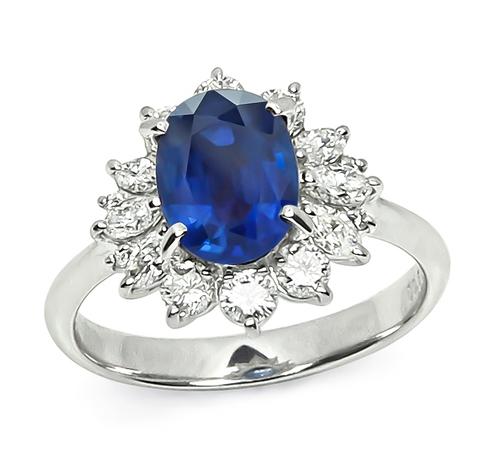 Oval Cut Sapphire Marquise and Round Cut Diamond Platinum Engagement Ring