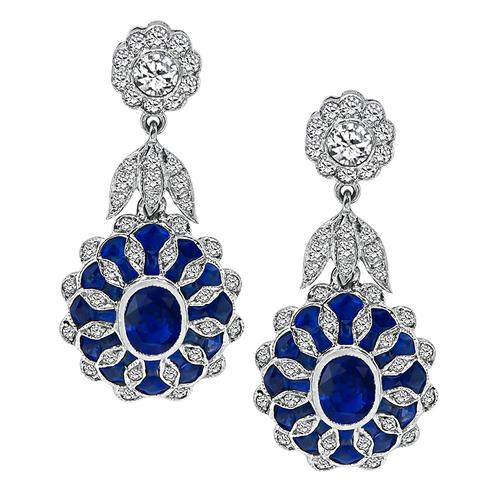 Oval Fan and French Cut Sapphire Round Cut Diamond 18k white Gold Dangling Earrings