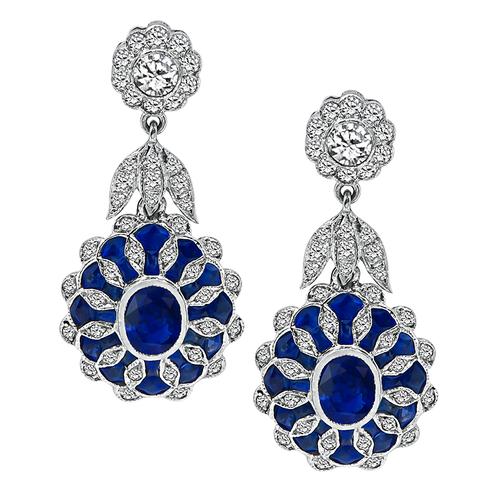 Oval Fan and French Cut Sapphire Round Cut Diamond 18k white Gold Dangling Earrings