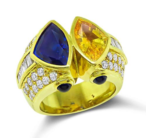 Trilliant Cut Sapphire Round and Baguette Cut Diamond 18k Yellow Gold Ring