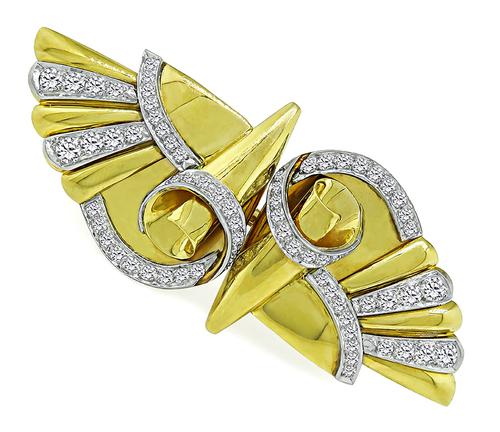Vintage Old Mine and Old European Cut Diamond 14k Yellow and White Gold Double Clip Pin