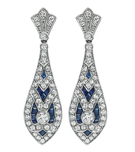 Round Cut Diamond Sapphire Platinum Earrings