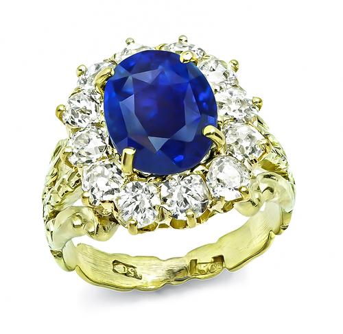 Victorian Oval Cut Sapphire Old Mine Cut Diamond 14k Yellow Gold Ring