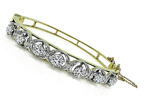 Vintage Old Mine Cut Diamond 14k Yellow and White Gold Bangle