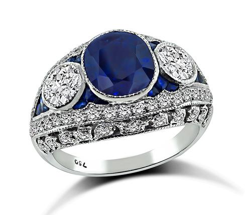 Cushion Cut Sapphire Round Cut Diamond 18k White Gold Ring