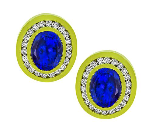 Oval Cut Tanzanite Round Cut Diamond 18k Yellow Gold Earrings