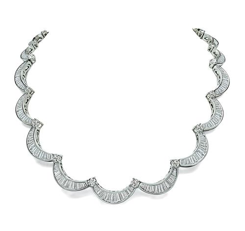 Baguette and Round Cut Diamond 18k White Gold Necklace