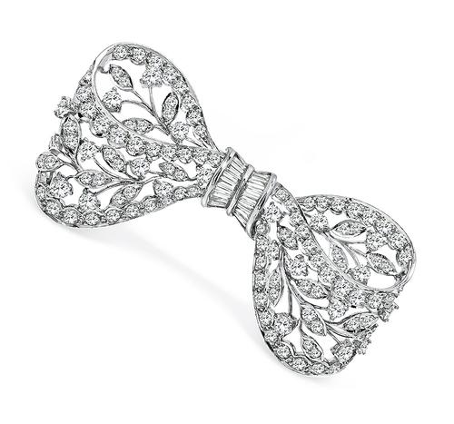 Round and Baguette Cut Diamond 18k White Gold Bow Pin