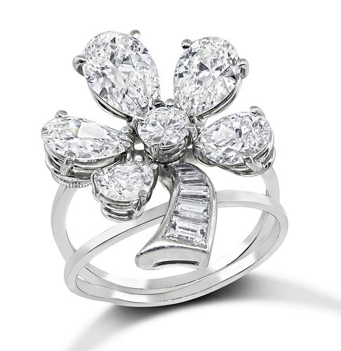 Round Pear and Baguette Cut Diamond Platinum Flower Ring