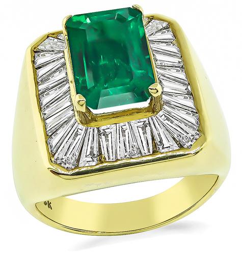 Emerald Cut Emerald Baguette Cut Diamond 18k Yellow Gold Ring