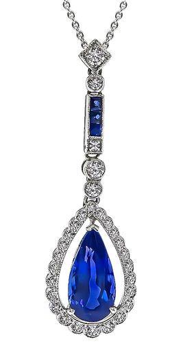 Pear Shape Sapphire Round Cut Diamond 18k White Gold Pendant