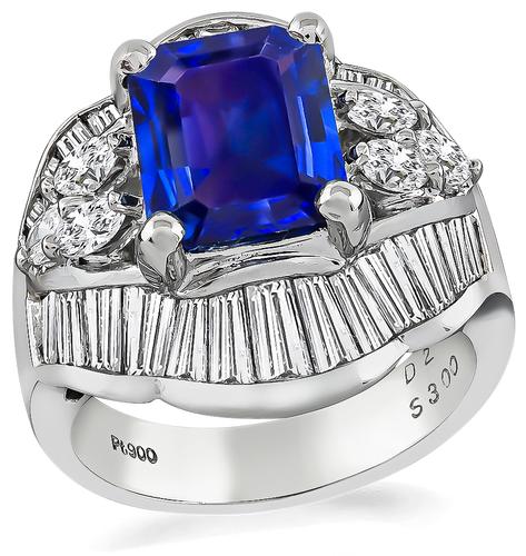 Emerald Cut Sapphire Baguette and Marquise Cut Diamond Platinum Ring