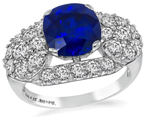 1950s Cushion Cut Sapphire Round Cut Diamond Platinum Ring