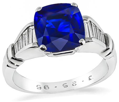 Cushion Cut Ceylon Sapphire Baguette Cut Diamond Platinum and 18k White Gold Engagement Ring