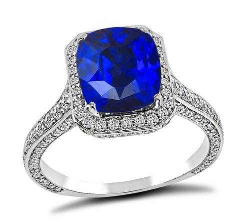 Cushion Cut ceylon Sapphire Round Cut Diamond 14k White Gold Engagement Ring