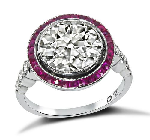 Art Deco Style Old Mine Cut Diamond French Cut Ruby Platinum Engagement Ring