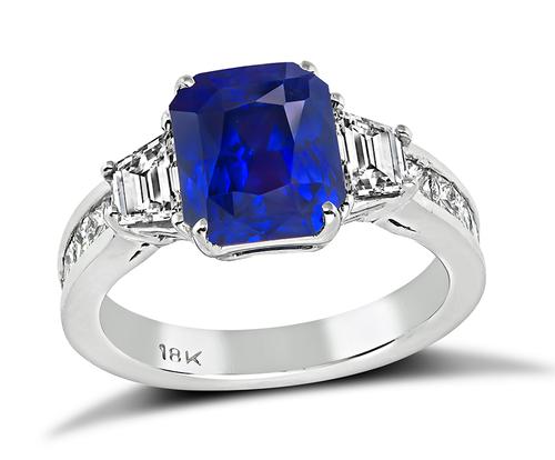 Cushion Cut Sapphire Trapezoid and Princess Cut Diamond 18k White Gold Engagement Ring