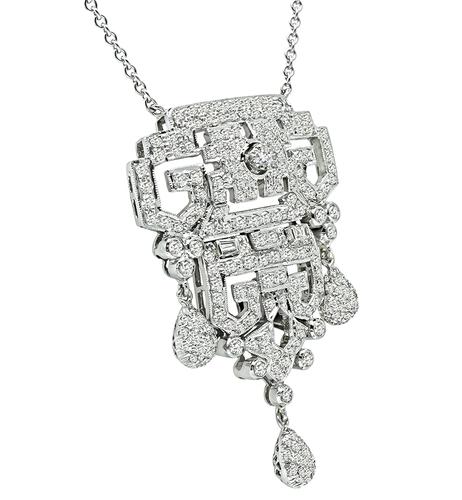 Round and Baguette Cut Diamond 18k White Gold Pendant Necklace