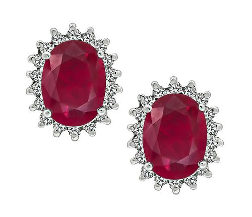 Oval Cut Burmese Ruby Round Cut Diamond 14k White Gold Earrings