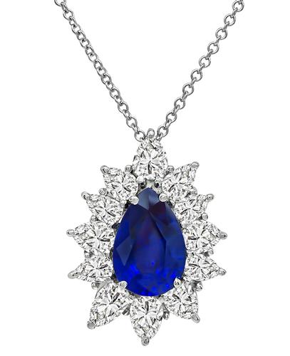 Pear Shape Sapphire Pear Shape Diamond 14k White Gold Pendant Necklace