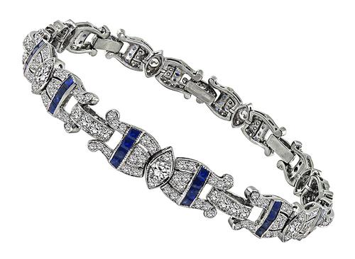 Round Cut Diamond Square Cut Sapphire 18k White Gold Bracelet