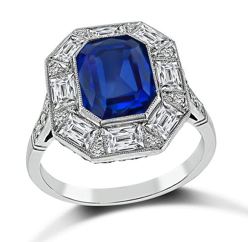 Vintage Cushion Cut Ceylon Sapphire French and Round Cut Diamond Platinum Engagement Ring
