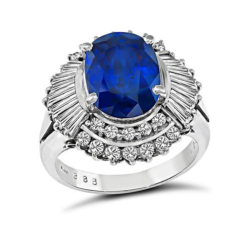 Oval Cut Sapphire Round and Baguette Cut Diamond Platinum Ring