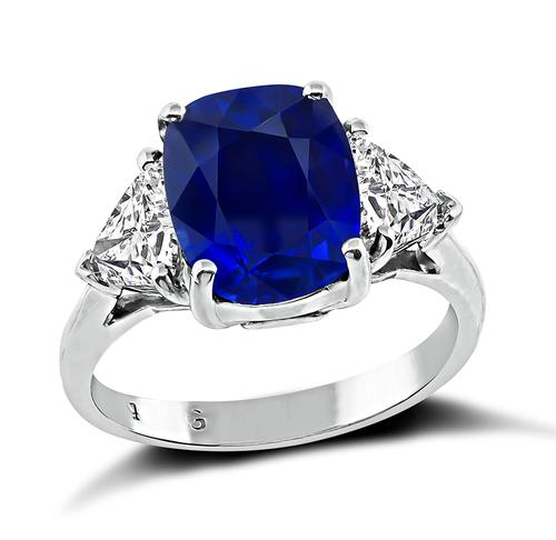 Cushion Cut Sapphire Trilliant Cut Diamond Platinum Engagement Ring