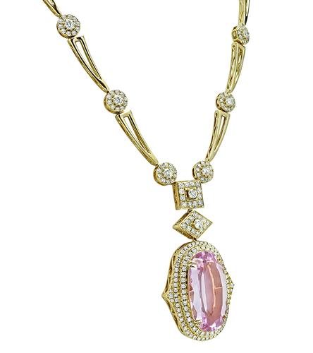 Oval Cut Kunzite Round Cut Diamond 14k Yellow Gold Necklace