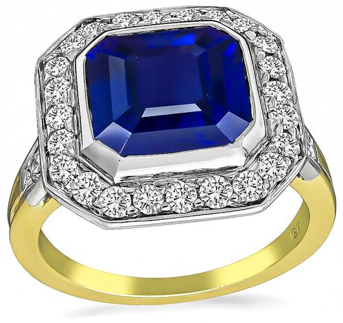 Art Deco Asscher Cut Sapphire Round Cut Diamond 18k Yellow and White Gold Engagement Ring