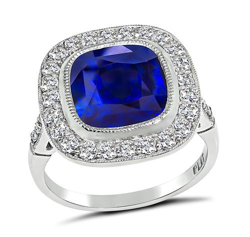 Cushion Cut Ceylon Sapphire Round Cut Diamond Platinum Engagement Ring